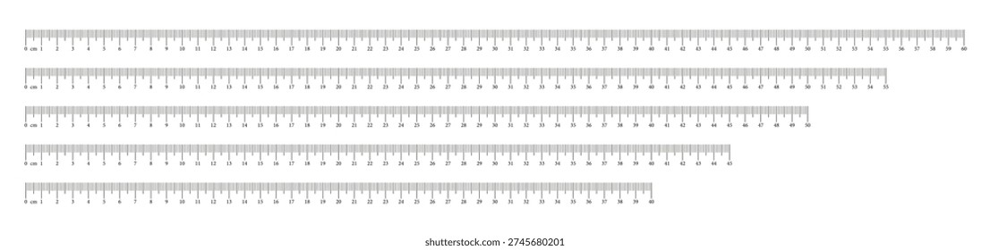 Ruler black scale forty five, fifty, fifty five, sixty cm with numbers. Set of measuring charts 40, 45, 50, 55, 60 centimeters. Length measurement math, distance, height, sewing tool, templates, icons
