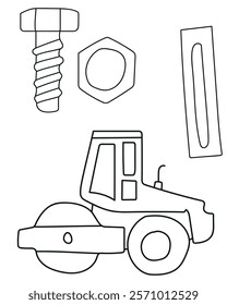 Ruler, Bolts, Bulldozer common tools in a construction vector set include a saw, ideal for cutting wood, metal, a drill, which creates holes in various materials. clean, modern vector style.