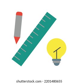 Lineal, Glühbirne, Pen-farbiges Symbol. Einfache farbige Elementgrafik. Lineal, Glühbirne, Stift-Konzept Symbol Design aus der Ausbildung Set. Kann für Web und Mobile verwendet werden