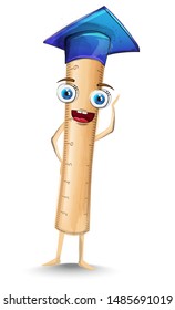 Ruler cartoon character Vector. Happy smiling item with graduation cap