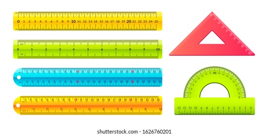 Ruler. Cartoon Measuring Tools With Metric And Inch Marks, Plastic Geometry Centimeter Tape. Vector Isolated Set Of Ruler Protractor And Triangle, Mathematics Tool