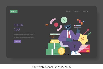 Ruler CEO concept. This illustration portrays a character representing the ruler archetype in a business environment. The character interacts with elements of finance and technology, symbolizing