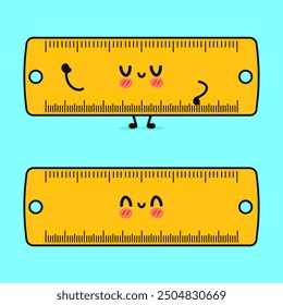 Ruler character. Vector hand drawn cartoon kawaii character illustration icon. Isolated on blue background. Ruler character concept