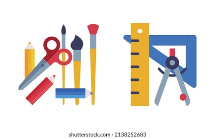 Ruler with Compass and Brush with Pencils as School Education Object Vector Set