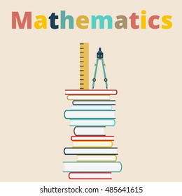 Ruler and compass concept vector illustration in flat style. A stack of books to read.