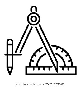 Ruler, compass, measurement, math, stationery, mathematics, architecture round line vector icon with editable stroke 