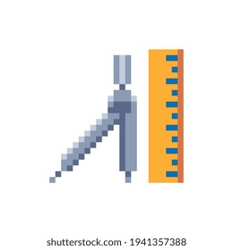 Ruler and compass tool  pixel art icons. Stationery, isolated vector flat illustration. Back to school.  Design for stickers, logo and mobile app. Game assets 8-bit sprite.