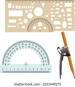 Ruler compasses and protractor drawing tools on a white background.