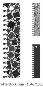 Ruler composition of trembly pieces in different sizes and color tinges, based on ruler icon. Vector tremulant pieces are grouped into composition. Ruler icons collage with dotted pattern.