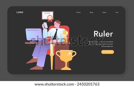 Ruler concept. Commanding presence in a corporate setting. Authority and ambition symbolized through trophies and diploma. Leadership in the workplace. Vector illustration.