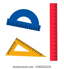 Ruler, dividers triangle ruler and protractor. Stationery instruments collection. Vector isolated on white background.