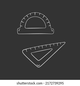 Ruler in doodle style, vector illustration. School stationery tools, hand drawn. Isolated element on a black background. Ruler outline symbol for print and design