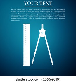 Ruler and drawing compass icon isolated on blue background. Drawing professional instrument. Geometric equipment. Education sign. Flat design. Vector Illustration