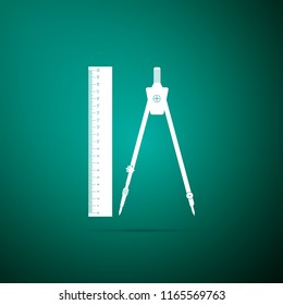 Ruler and drawing compass icon isolated on green background. Drawing professional instrument. Geometric equipment. Education sign. Flat design. Vector Illustration