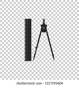 Ruler and drawing compass icon isolated on transparent background. Drawing professional instrument. Geometric equipment. Education sign. Flat design. Vector Illustration