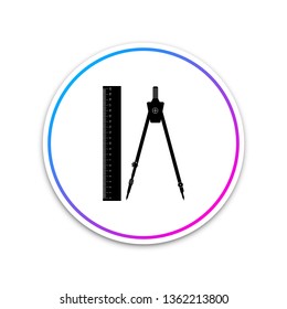 Ruler and drawing compass icon isolated on white background. Drawing professional instrument. Geometric equipment. Education sign. Circle white button. Vector Illustration
