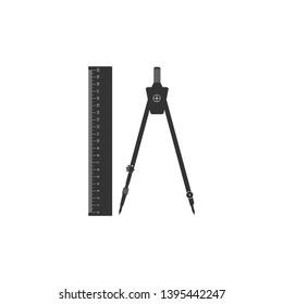 Ruler and drawing compass icon isolated. Drawing professional instrument. Geometric equipment. Education sign. Flat design. Vector Illustration