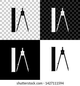 Ruler and drawing compass icon isolated on black, white and transparent background. Drawing professional instrument. Geometric equipment. Education sign. Vector Illustration