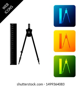 Ruler and drawing compass icon isolated. Drawing professional instrument. Geometric equipment. Education sign. Set icons colorful square buttons. Vector Illustration