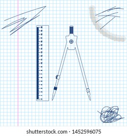 Ruler and drawing compass line sketch icon isolated on white background. Drawing professional instrument. Geometric equipment. Education sign. Vector Illustration
