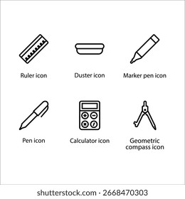 Lineal, Duster, Markerstift, Stift, Rechner, Kompass, Symbol, Liniensymbol Set