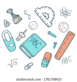 Ruler and eraser sticker set on white isolated backdrop. Stationery for invitation or gift card, notebook, bath tile, scrapbook. Phone case or cloth print art. Doodle style stock vector illustration