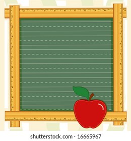 Ruler Frame Chalkboard, Apple for the Teacher. Copy space for text or art, wood blackboard with lines. For education, back to school, literacy projects, scrapbooks. EPS8 compatible.

