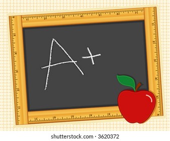 RULER FRAME CHALKBOARD, wood blackboard, A+, red apple.  Copy space for drawings, text for back to school, literacy projects, scrapbooks, arts and crafts. EPS8 compatible.

