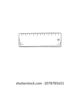 Ruler in hand drawn sketch style, flat vector illustration isolated on white background. Outline stationery element for measurement.