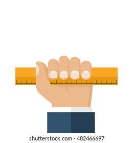 Ruler hold in hands of men. Designer, engineer, builder. Make measurements. Vector illustration flat design isolated on white background.