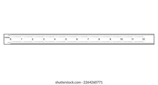 Ruler icon from 0 to 12 inches 0-12" isolated on the yellow background ruler division one thirty-second inch 1-32 and ruler division one sixty-fourth of an inch 1-64 