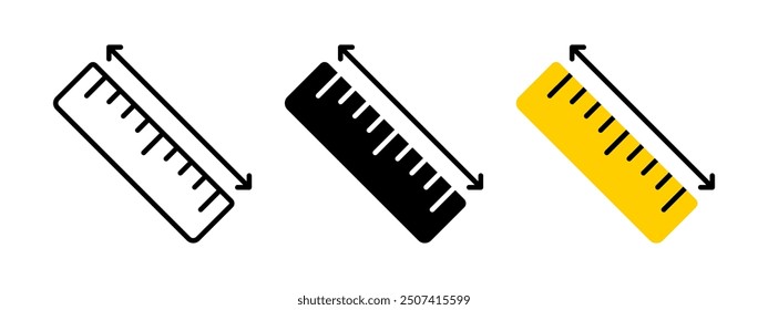 Ruler icon. Length measurement symbol. School measure tool with arrow vector illustration. Geometry educational equipment sign. Yellow meter scale instrument pictogram. School ruler isolated concept.