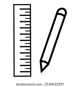 Ruler icon with pencil. Education icon set. School ruler isolated concept. Length measurement symbol. Distance ruler, school geometry, maths, stationery, length measurement. Vector illustration.