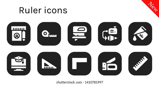 ruler icon set. 10 filled ruler icons.  Collection Of - Ruler, Measuring tape, Fretsaw, Plumb bob, Measure, Education, Set square, Stapler