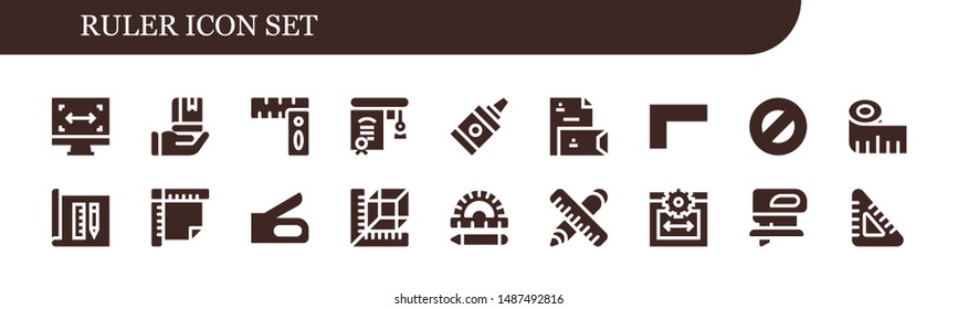 ruler icon set. 18 filled ruler icons.  Collection Of - Size, Education, Rulers, Glue, Stationery, Ruler, Protractor, Measuring tape, Architecture, Stapler, Measure, Web size