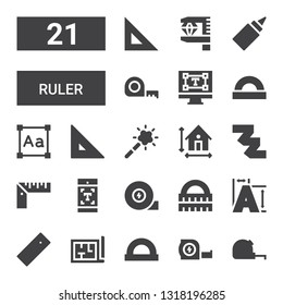 ruler icon set. Collection of 21 filled ruler icons included Measuring tape, Ruler, Architecture, Typography, Dimension, Magic tool, Protractor, Glue, Measurement