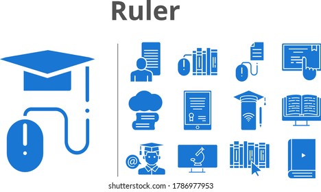 ruler icon set. included cloud library, tablet, study, ebook, books, smartphone, student, book, elearning, touchscreen, click, microscope icons. filled styles.