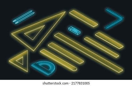 Ruler icon set. Isometric set of ruler vector icons neon on black