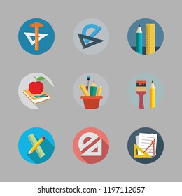 ruler icon set. vector set about pencil case, protractor and school material icons set.