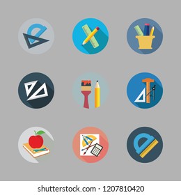 ruler icon set. vector set about pencil case, protractor, school material and set square icons set.