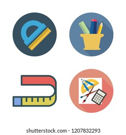 ruler icon set. vector set about pencil case, protractor, measuring tape and school material icons set.