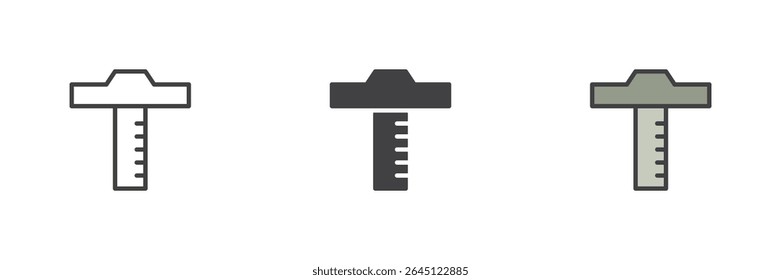 Ruler icon symbolizing measurement in line, solid and filled outline styles. Vector tool for drawing, length, geometry or school supplies icon.
