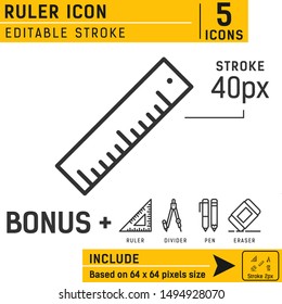 Ruler icon vector on isolated on soft white background. Inch icon with line style. Measurer symbol emblem sign. The icon is neatly designed on the perfect pixel box size of 64X64. Editable stroke