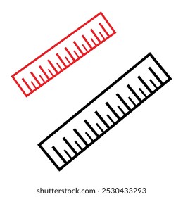 Ícones da régua. Conjunto de ícones de educação. Conceito isolado de governante escolar. Símbolo de medida do comprimento. Régua de distância, geometria escolar, matemática, papel de carta, medida de comprimento. Ilustração de vetor plano.