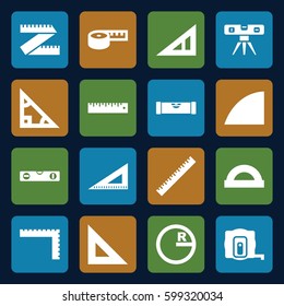 ruler icons set. Set of 16 ruler filled icons such as measure tape, angle, protractor, triangle, circle