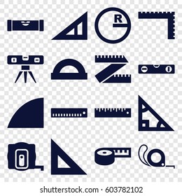 Ruler icons set. set of 16 ruler filled icons such as measure tape, tape, angle, protractor, triangle, circle