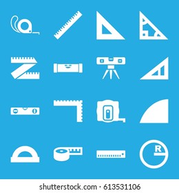 Ruler icons set. set of 16 ruler filled icons such as measure tape, tape, angle, protractor, triangle, circle