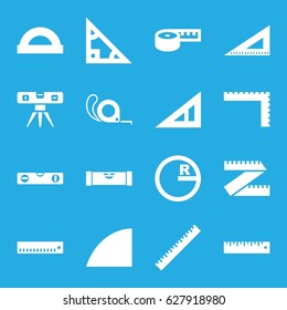Ruler icons set. set of 16 ruler filled icons such as tape, angle, protractor, triangle, circle