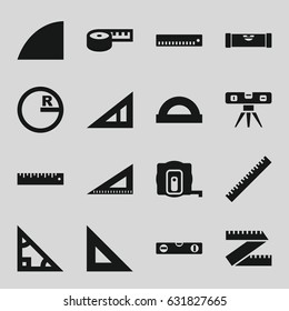 Ruler icons set. set of 16 ruler filled icons such as measure tape, angle, protractor, triangle, circle