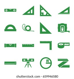Ruler icons set. set of 16 ruler filled icons such as measure tape, tape, protractor, triangle, circle